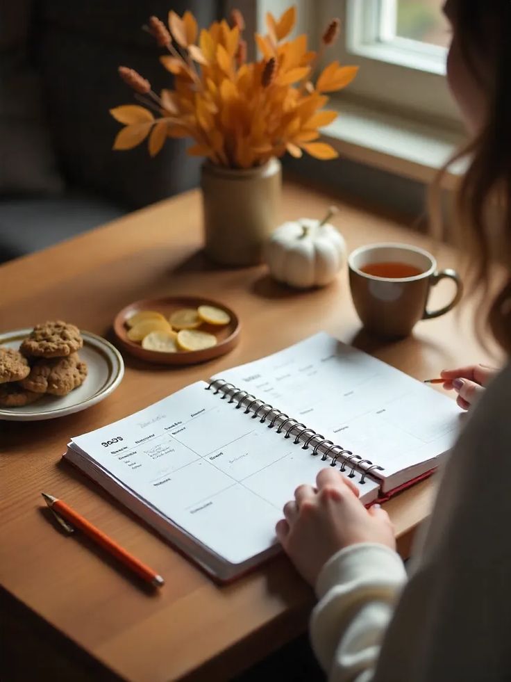 An open weekly planner with handwritten notes and a cup of tea on a wooden table