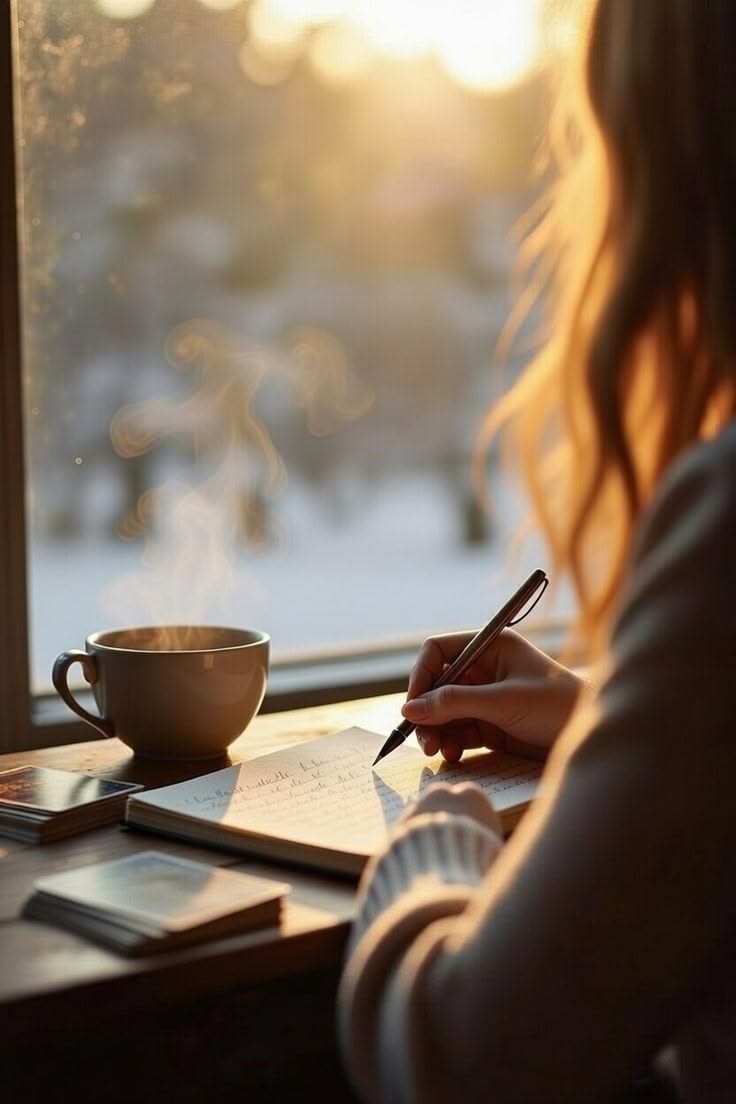 A person writing in a journal beside a window with soft daylight and a warm drink
