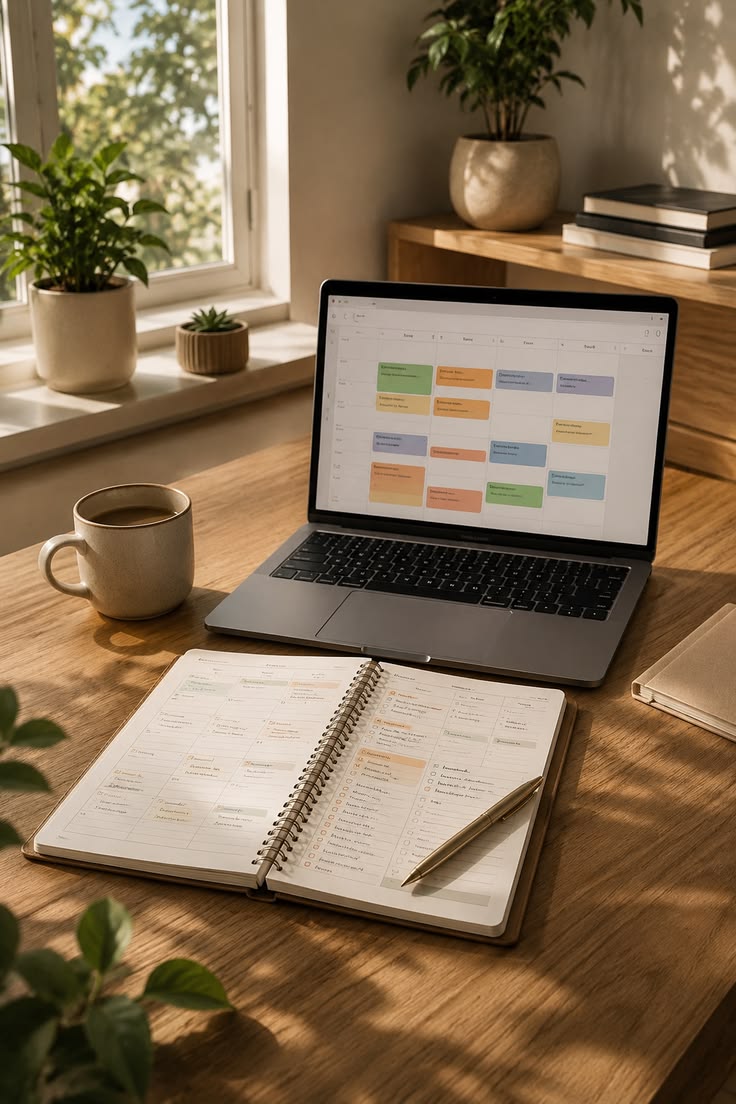 A tidy desk with a printed weekly outline, coloured pens and a cup, arranged for planning